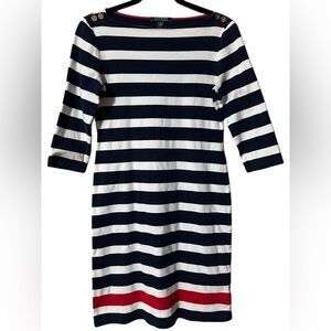 Ralph Lauren Blue and White Sheath Dress with Bateau Neckline and Red Detail